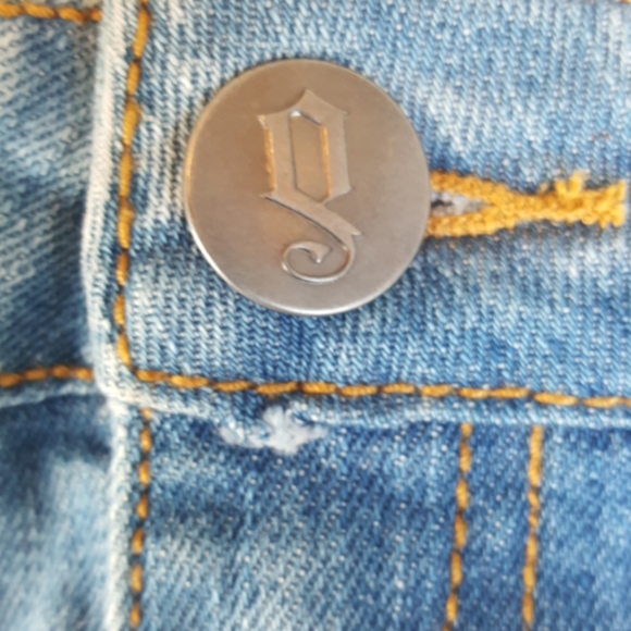 DECREE ♡ Sweet 'n Sexy Distressed Gold Thread Zip Pockets Blue Jean Mini Skirt 3 - Picture 4 of 15